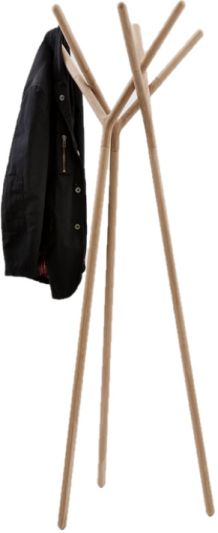 Game of Trust Garderobenständer von Miniforms aus hellem Holz mit hängender Jacke. Moderner Kleiderständer für Flur und Diele.