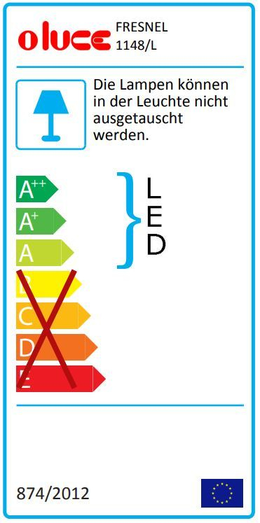 Energielabel der Oluce Fresnel 1148 LED Außenwandleuchte, zeigt Energieeffizienzklasse A. Lampe nicht austauschbar.