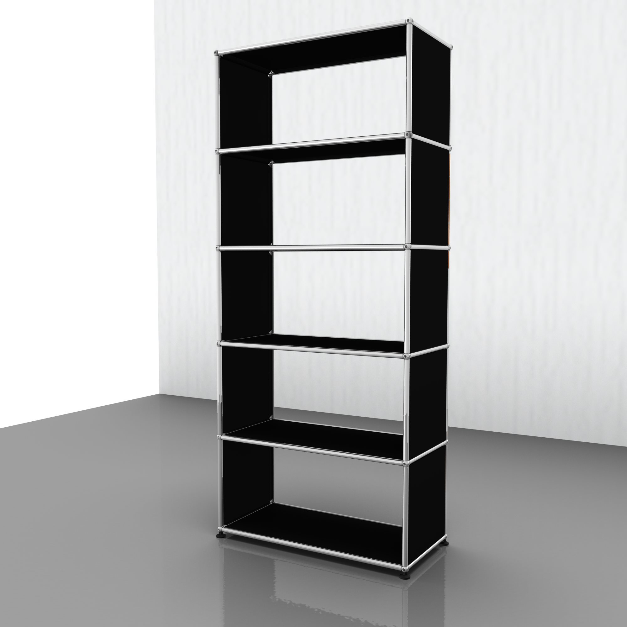USM Haller Regal graphitschwarz mit fünf Fächern, modulare Möbel für Büro und Wohnen.