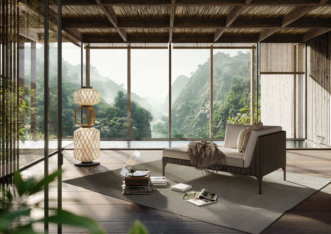 The Others Statue KAFA Leuchte von Dedon in einem luxuriösen Wohnzimmer mit Bergblick.