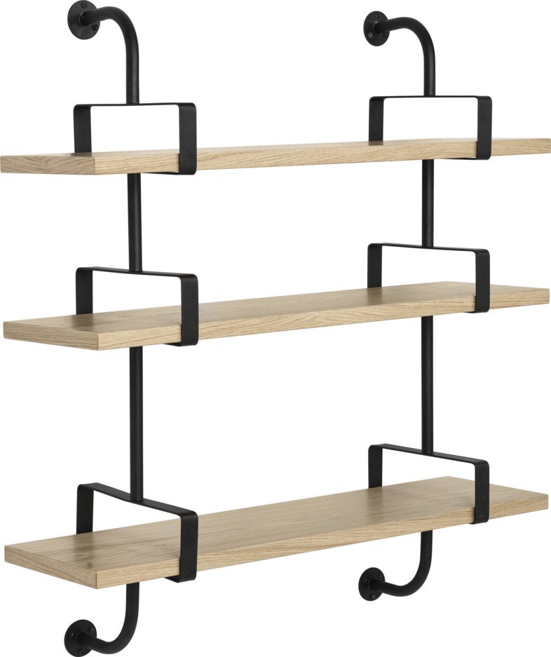 Démon Regal 95 von Gubi: Wandregal mit drei hellen Holzablagen und schwarzer Metallhalterung.