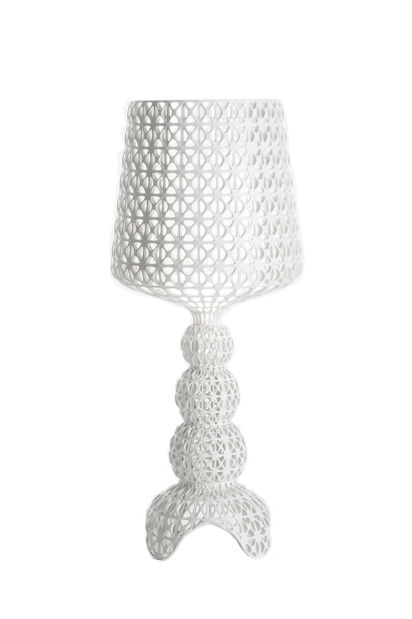 Weiße Mini Kabuki Tischleuchte von Kartell mit filigranem, durchbrochenem Design für stimmungsvolle Beleuchtung.