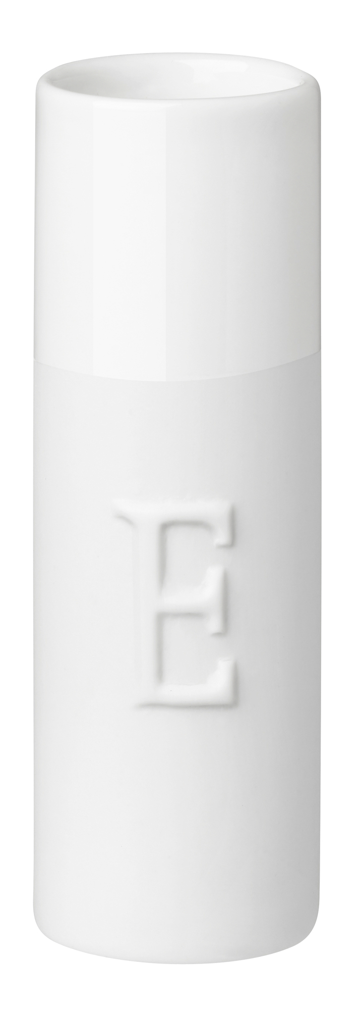 Weiße Wolke Sieben Minivase von Räder mit geprägtem Buchstaben "E", minimalistische Dekoration für Zuhause.