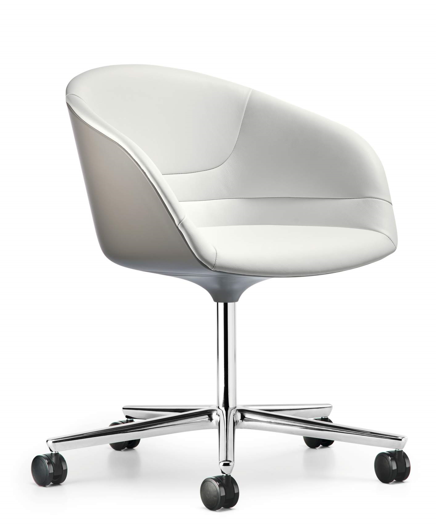 Weißer Kyo Sessel / Drehstuhl von Walter Knoll mit Chromfuß und Rollen.