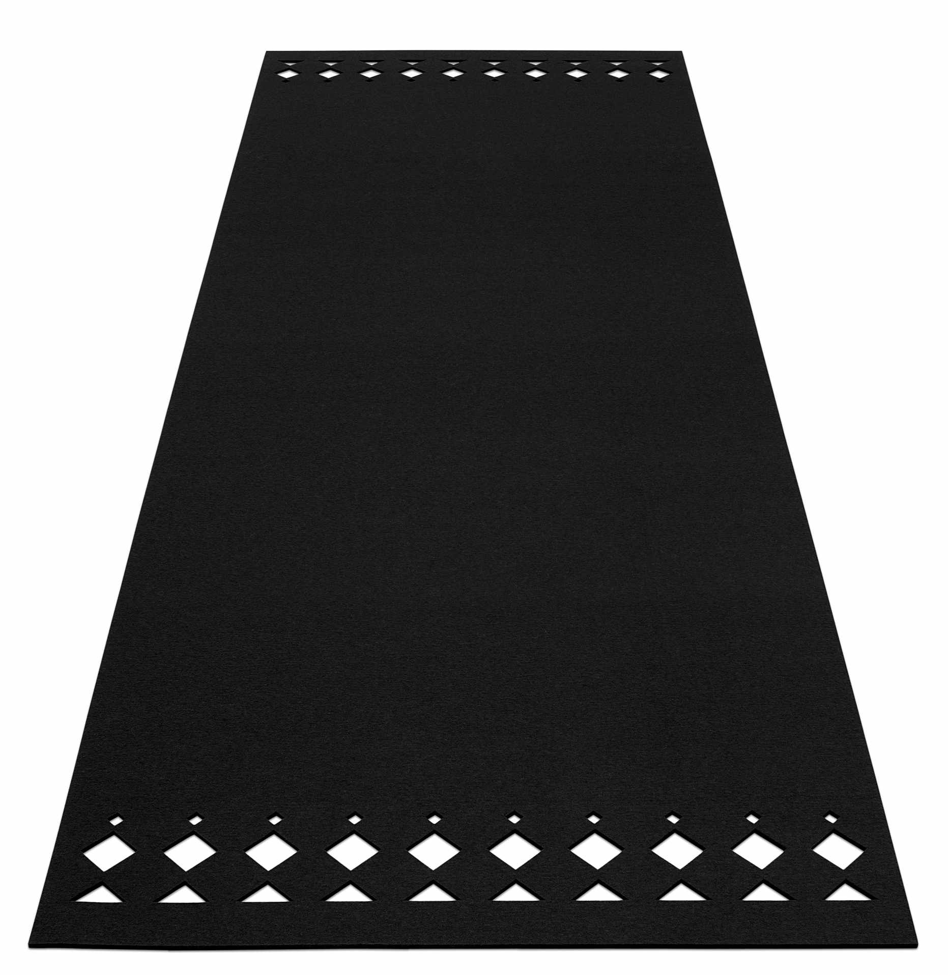 Schwarzer Hey Sign Teppich Rana aus Wollfilz mit dekorativem, geometrischem Muster an den Enden.