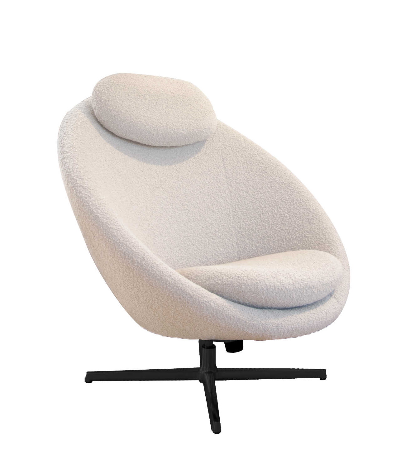Pace Loungesessel von Cane-Line, cremefarbener Sessel mit Kopfstütze und schwarzem Drehfuß. Bequemer Relaxsessel für Wohnzimmer.