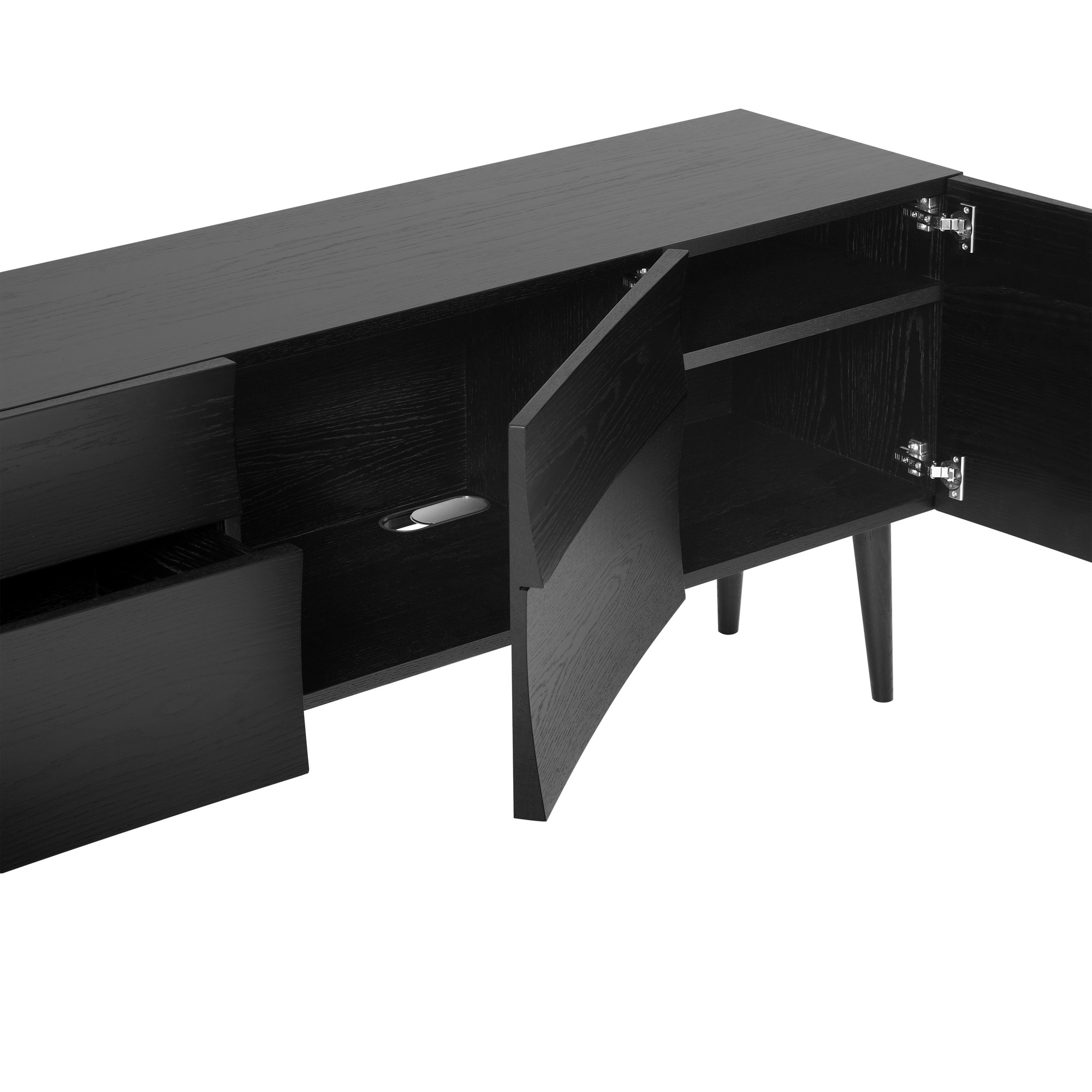 Schwarzes Reflect Sideboard von Muuto mit offenen Türen und Schubladen, modernes Möbelstück für Wohnzimmer.