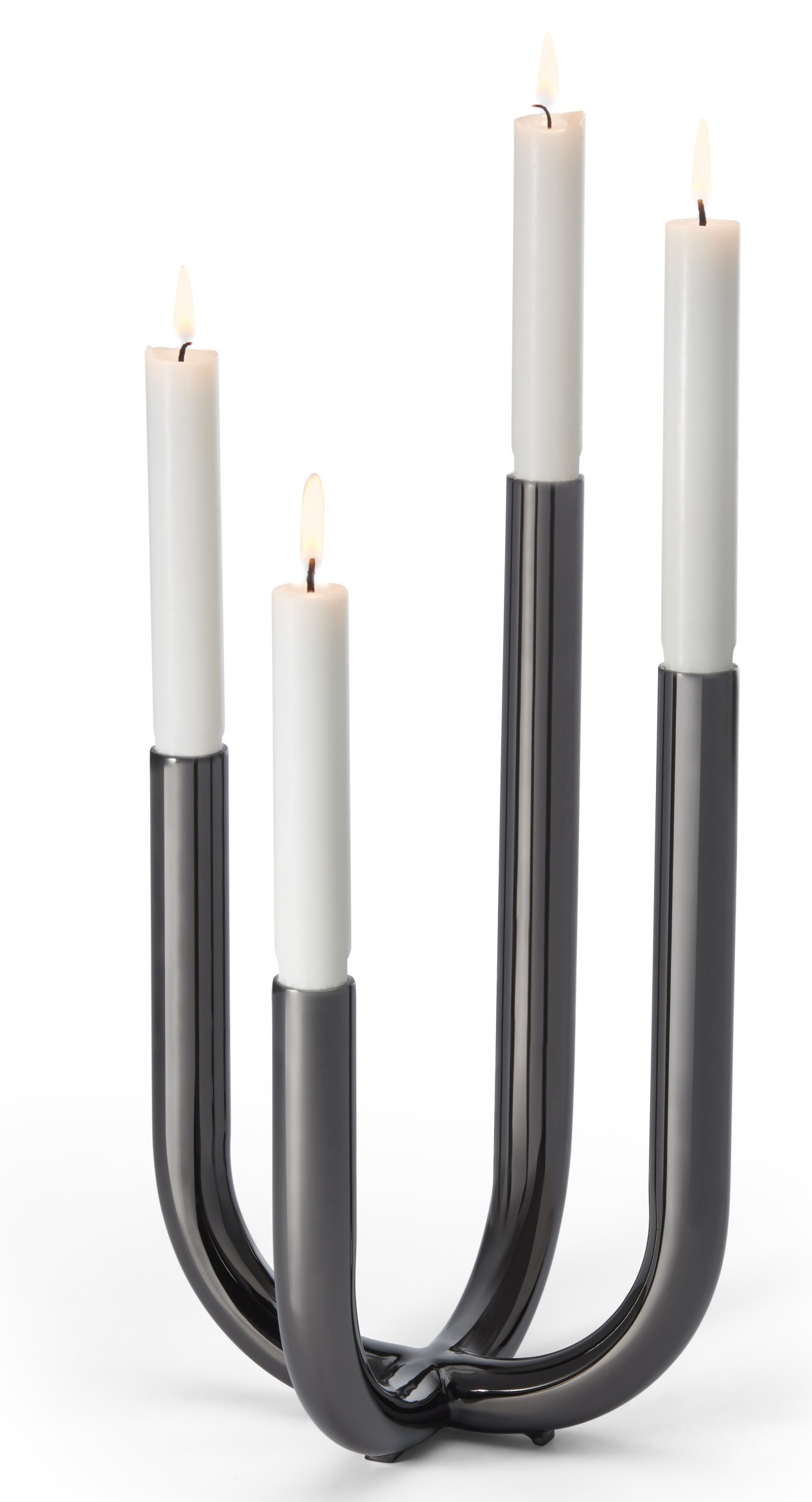 Festive Leuchter von Philippi mit vier weißen Kerzen in modernem, dunklem Kerzenständer.