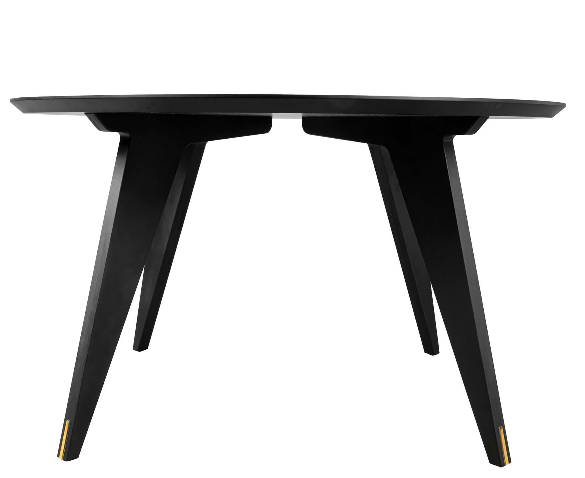 Toiletpaper Round Table Snakes Esstisch Seletti, runder schwarzer Küchentisch mit drei Beinen und goldenen Akzenten.