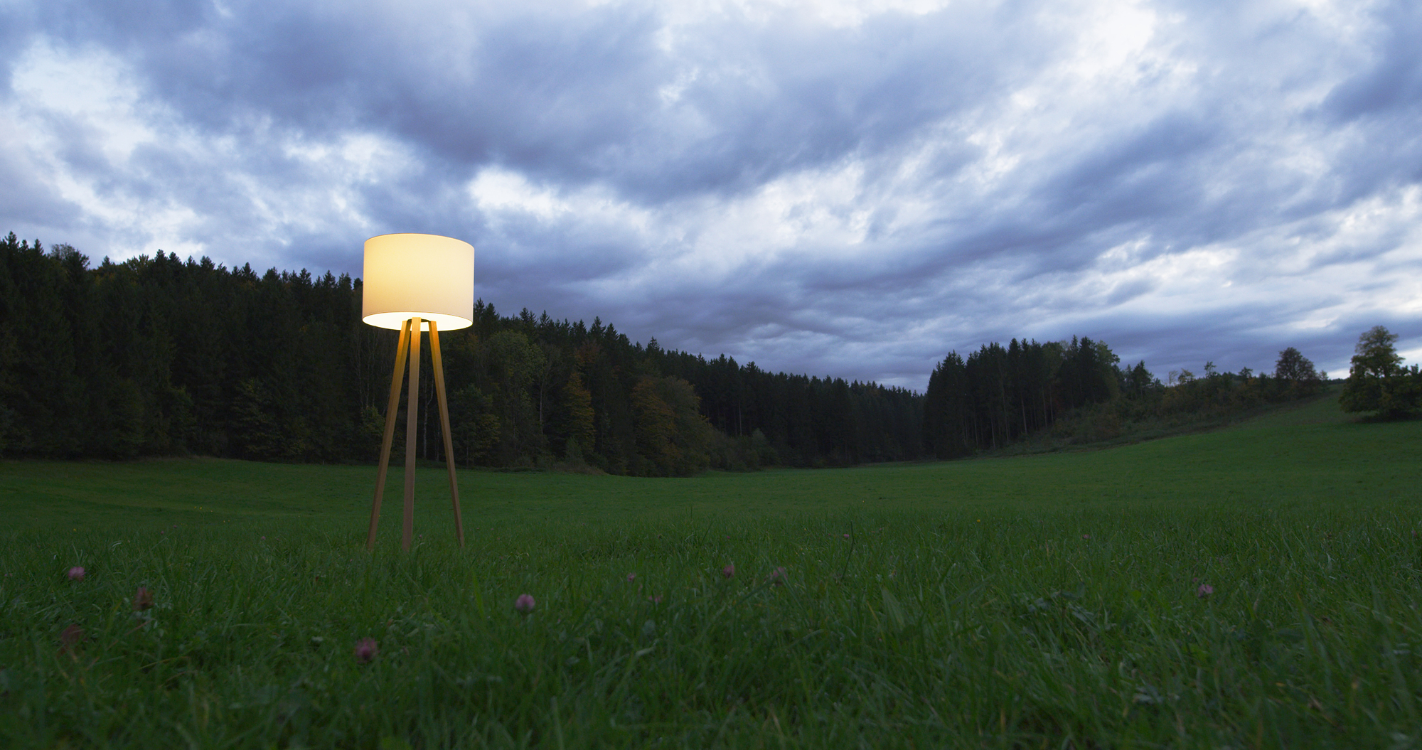 Luca Stand Stehleuchte von Maigrau: Geräucherte Eiche mit naturweißem Filzschirm im Grünen. Design Stehlampe.