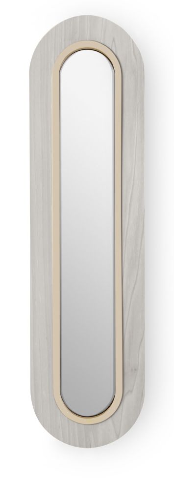 Lens LED Wandleuchte von LZF Lamps: Ovale, gestreckte Lampe mit elfenbeinweißem Metallring und grauem Hintergrund.