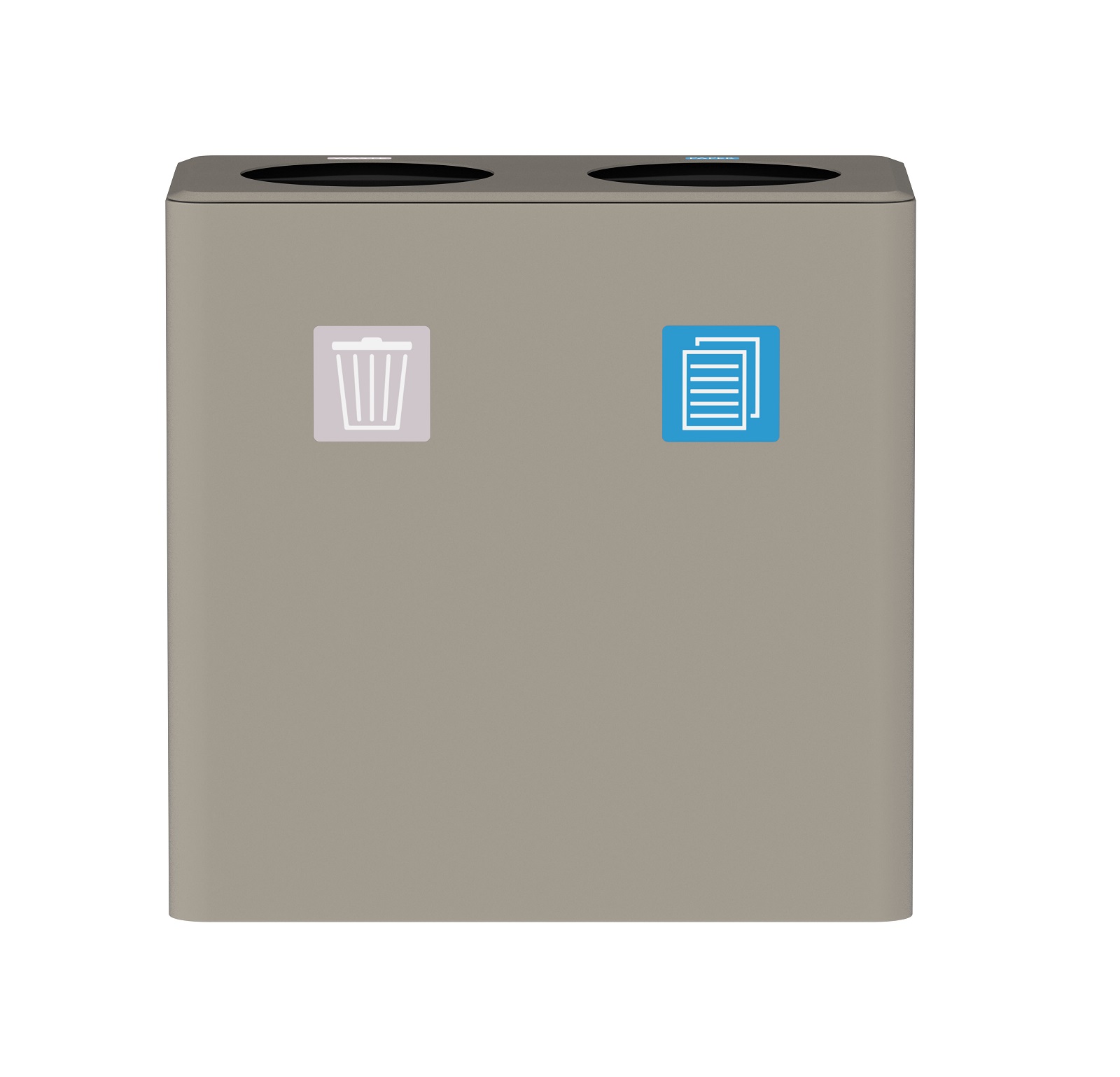 Dunk 2 Abfalltrennsystem: Grauer Mülleimer mit zwei Fächern zur Mülltrennung von Restmüll und Papier.