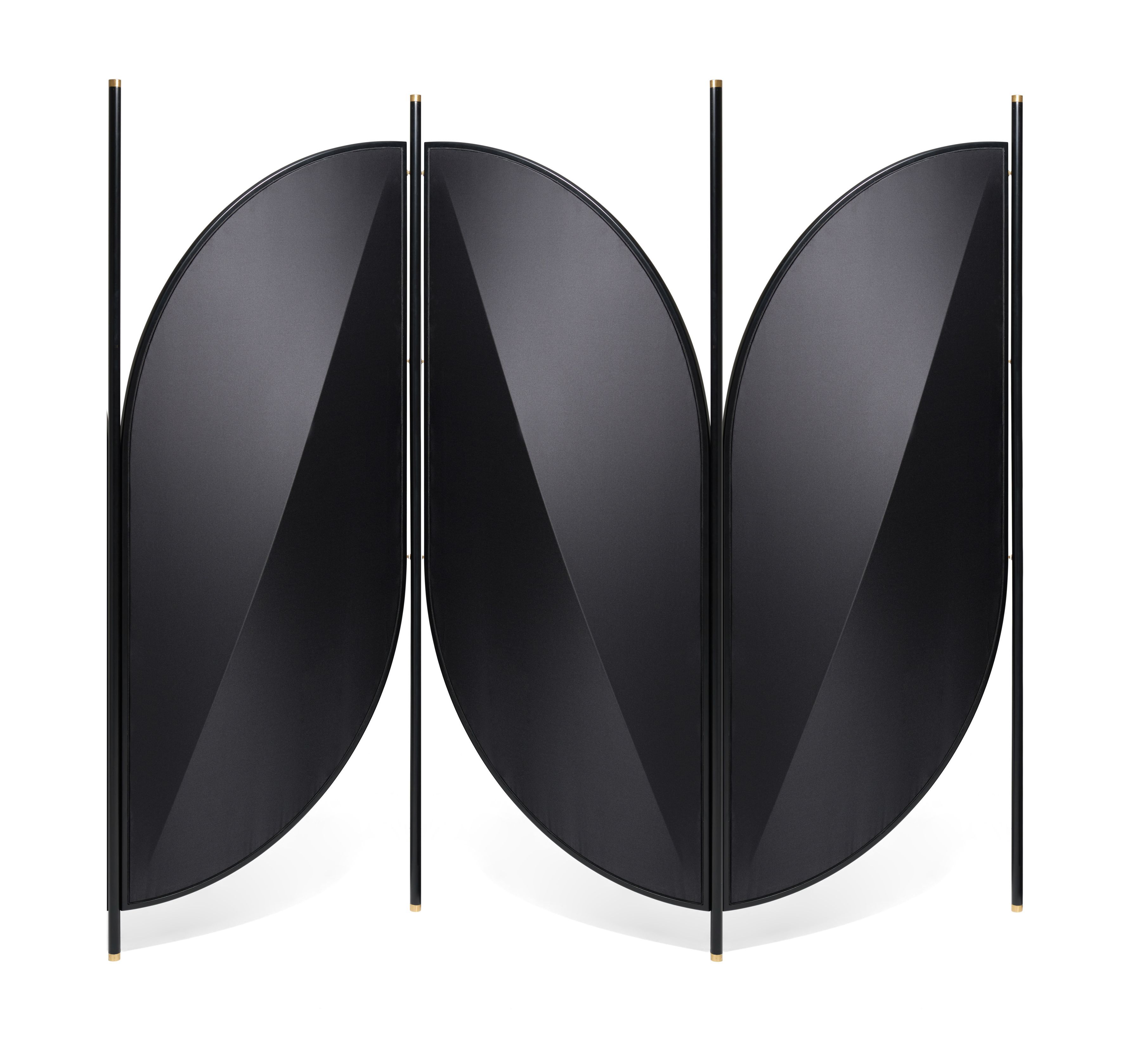 Schwarzer Feng Paravent von Wiener GTV Design mit drei halbkreisförmigen Elementen und goldenen Akzenten.