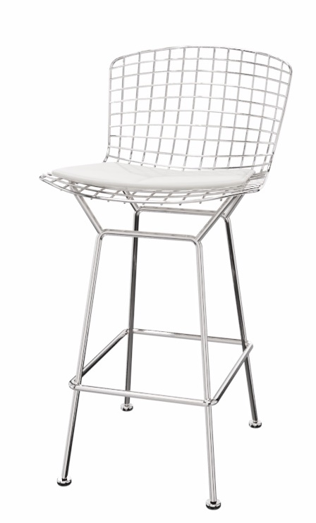 Bertoia Barhocker von Knoll International: Verchromter Draht Barstuhl mit weißem Sitzpolster.