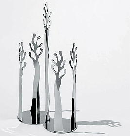 Alessi Mediterraneo Papierbecherspender ESI19: Silberner, baumförmiger Behälter für Papierbecher, modernes Küchendesign.