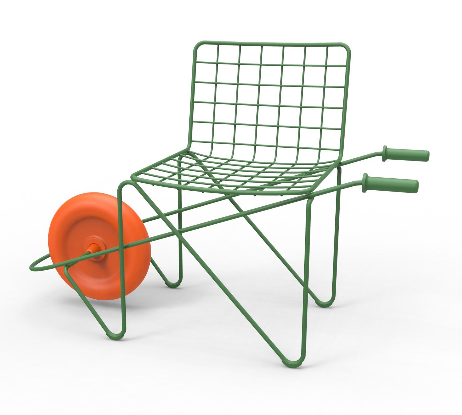 Magis Trotter Kinderstuhl: Grüner Drahtstuhl mit orangem Rad, inspiriert von einer Schubkarre, modernes Kinderzimmer Design.