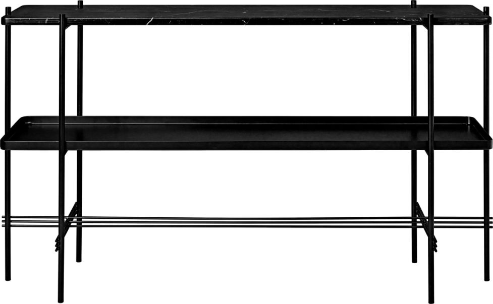 Schwarze TS Konsole mit Tablett von Gubi: Moderner Beistelltisch mit Marmorplatte und filigranem Metallgestell.