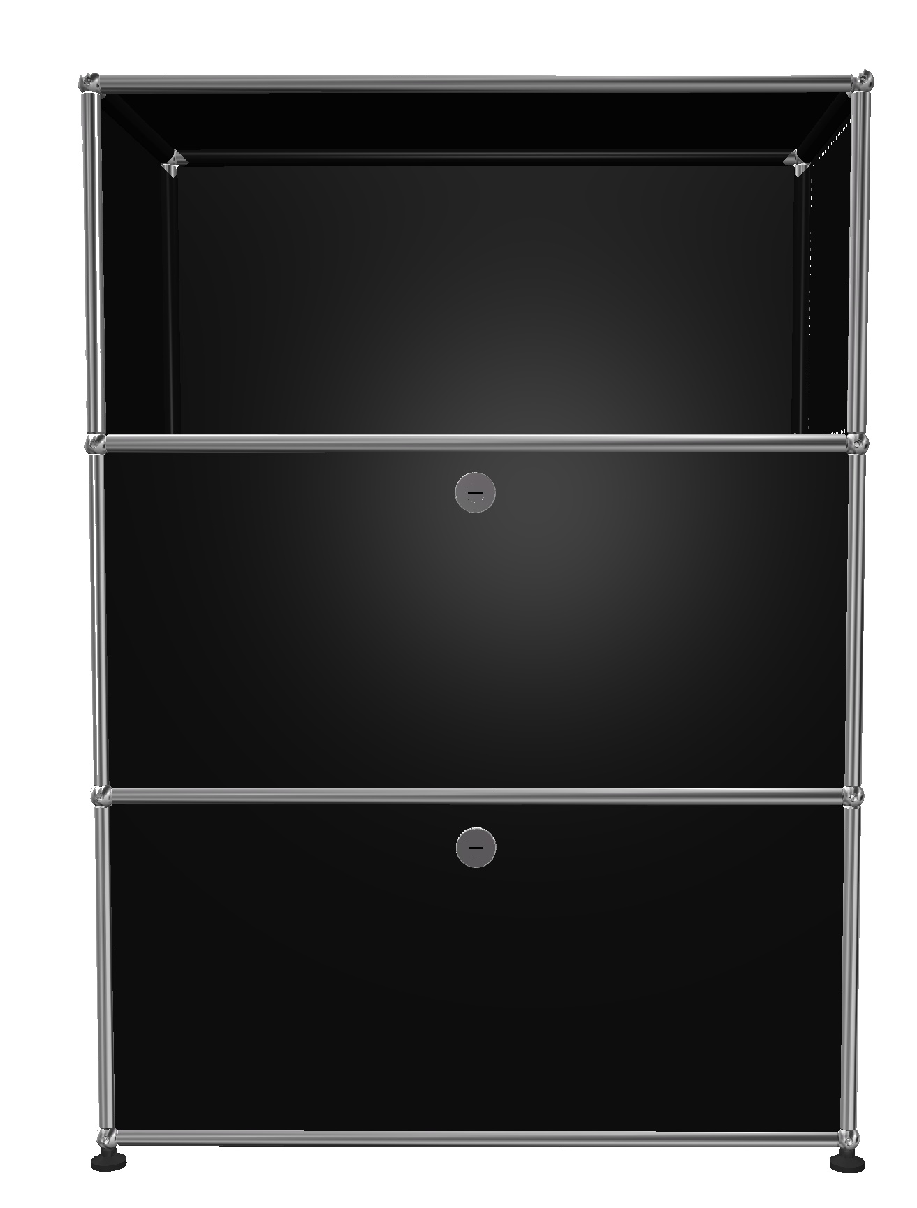 USM Haller Highboard in Graphitschwarz mit einem offenen Fach und zwei Schubladen.