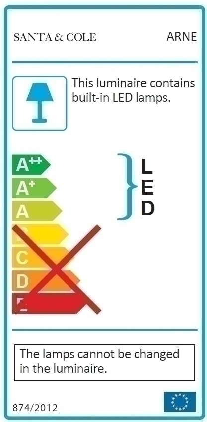 Energieeffizienzlabel der Arne Domus Hängeleuchte von Santa & Cole mit integrierten LED-Lampen.