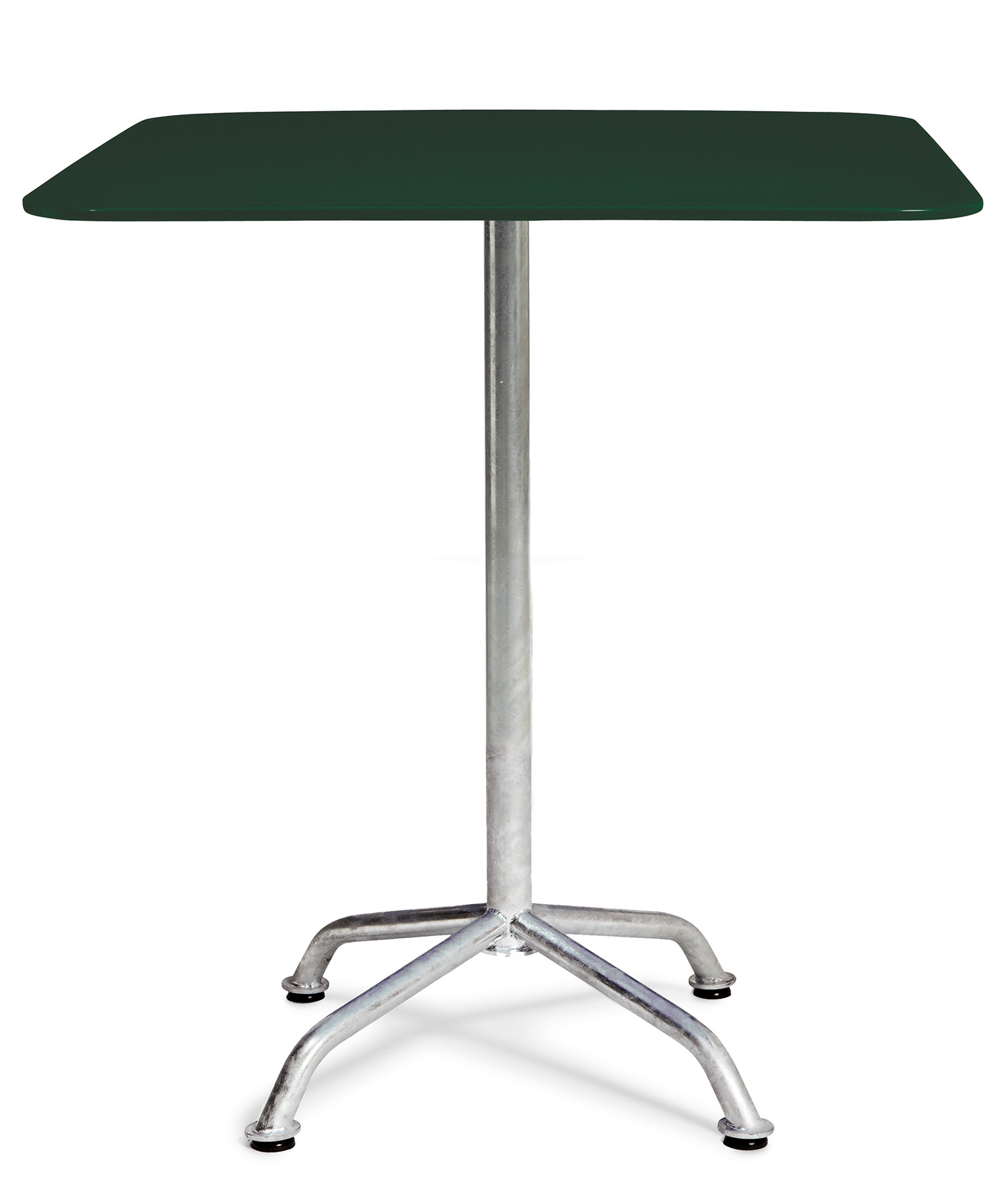 Haefeli Gartentisch von Embru: Quadratischer Outdoor-Tisch mit grüner Tischplatte und silberfarbenem Metallgestell.