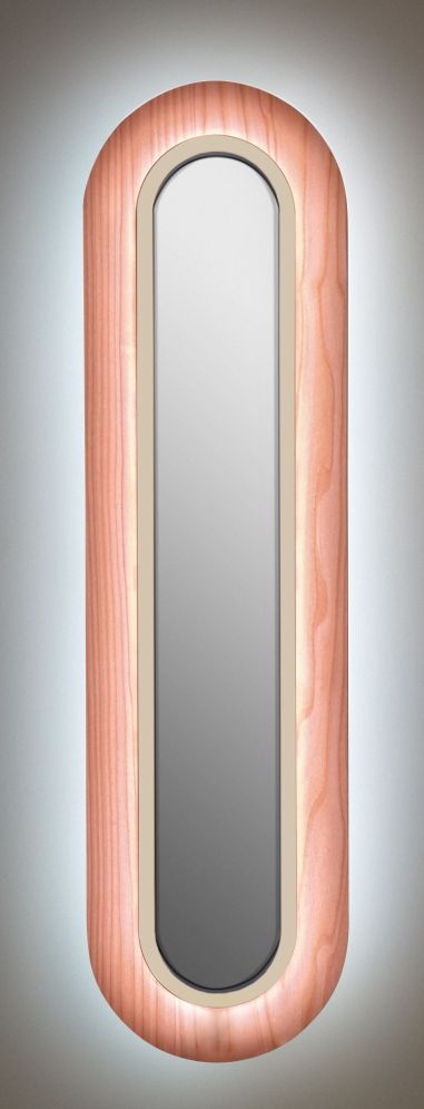 Lens LED Wandleuchte von LZF Lamps, oval, hellrosa Holz mit elfenbeinweißem Metallring.