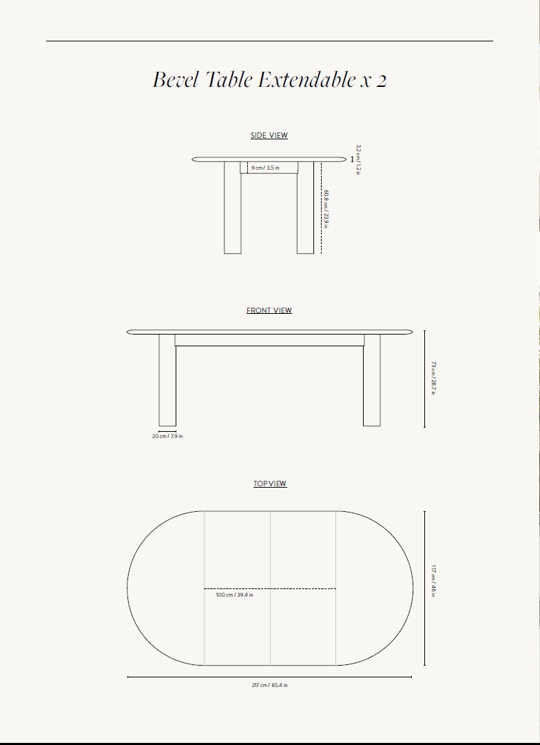 Skizze des Ferm Living Bevel Table Ausziehtisch in Eiche geölt, mit Maßangaben für die Planung.