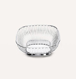 Silberner, viereckiger Drahtkorb von Alessi. Moderner Obstkorb oder Brotkorb aus Metall.