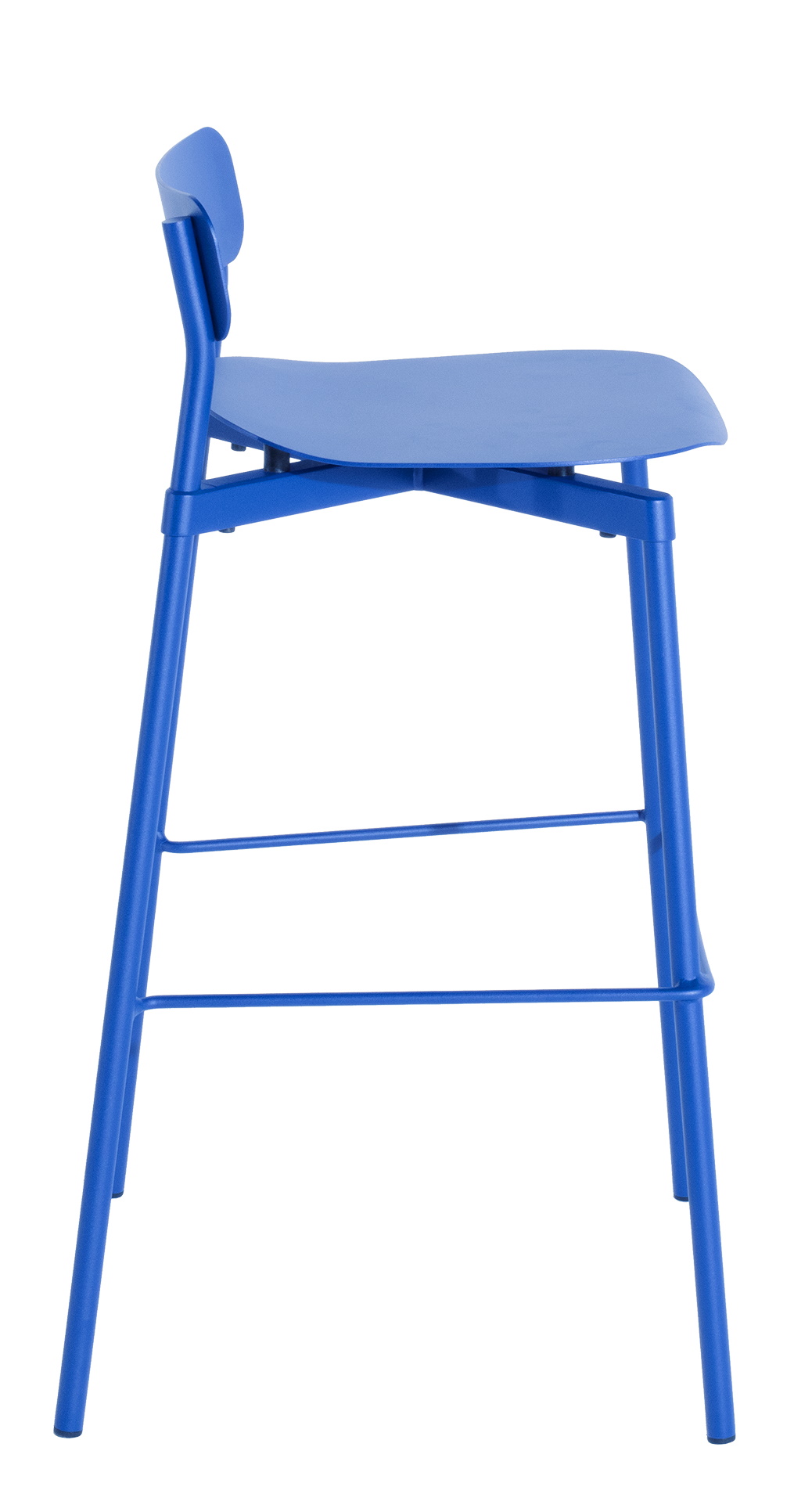 Blauer Fromme Barstool Barhocker von Petite Friture, Höhe 75 cm, Seitenansicht. Moderner Hocker für Küche und Bar.
