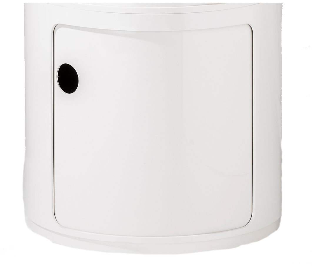 Weißes Componibili Element von Kartell, rundes Aufbewahrungsmöbel mit Tür und schwarzem Griffloch.