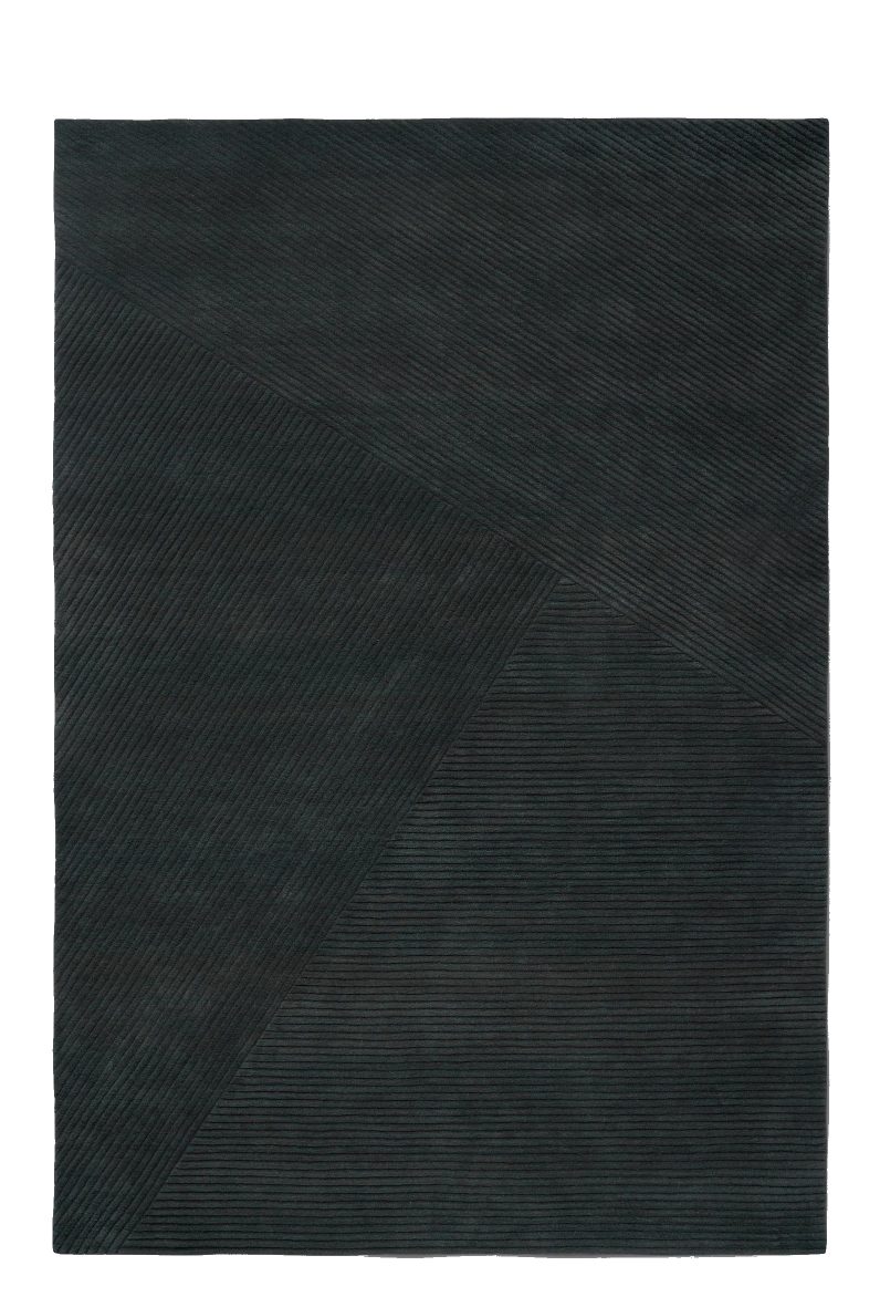 Großer, quadratischer, schwarzer Teppich mit geometrischem Rippenmuster. Row Teppich für Wohnzimmer und Schlafzimmer.