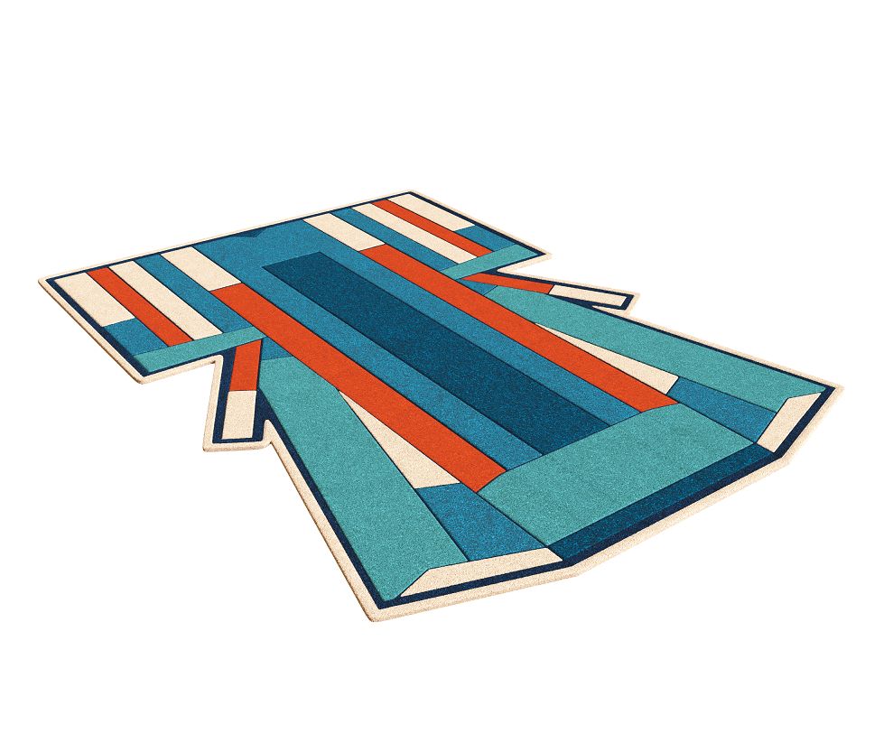 Inès Teppich von Hartô: Moderner Designer Teppich mit geometrischen Mustern in Blau, Orange und Beige.