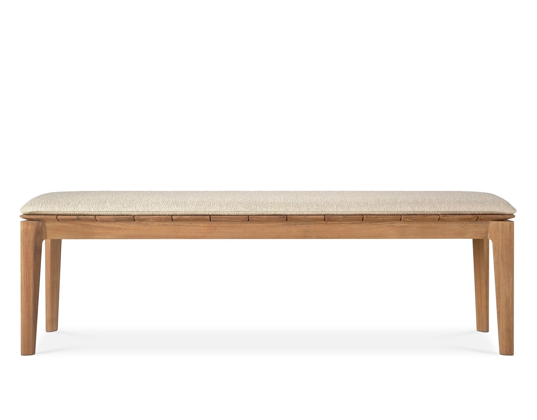 Bok Outdoor Bank aus Teakholz, 3-Sitzer mit beiger Polsterung, Gartenbank für den Außenbereich.