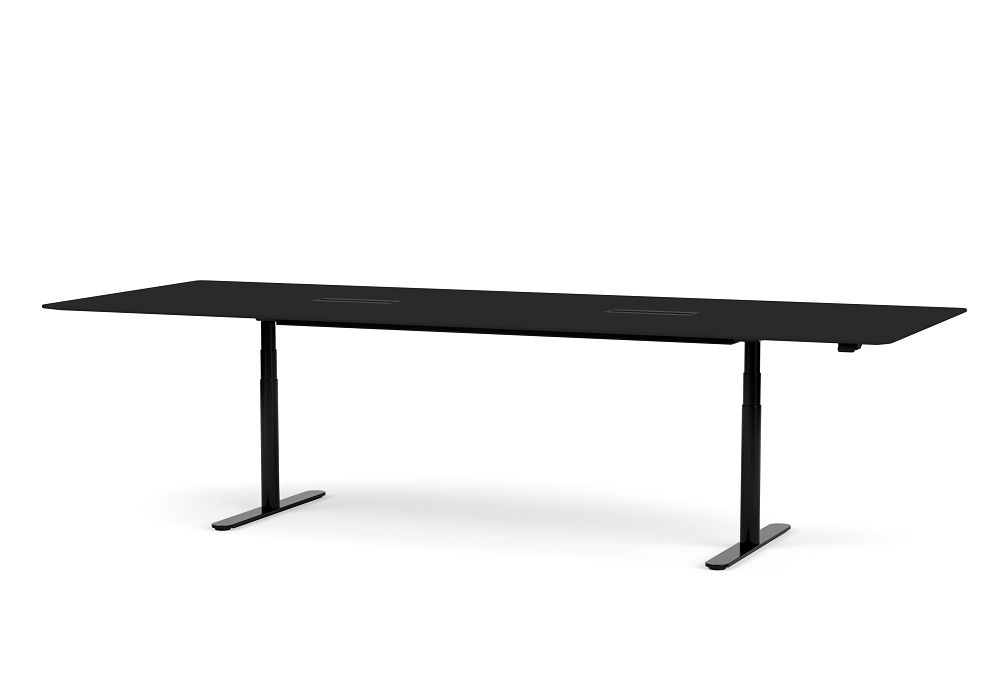 Schwarzer HiLow Conference Konferenztisch Montana mit rechteckiger Tischplatte und höhenverstellbarem Gestell.