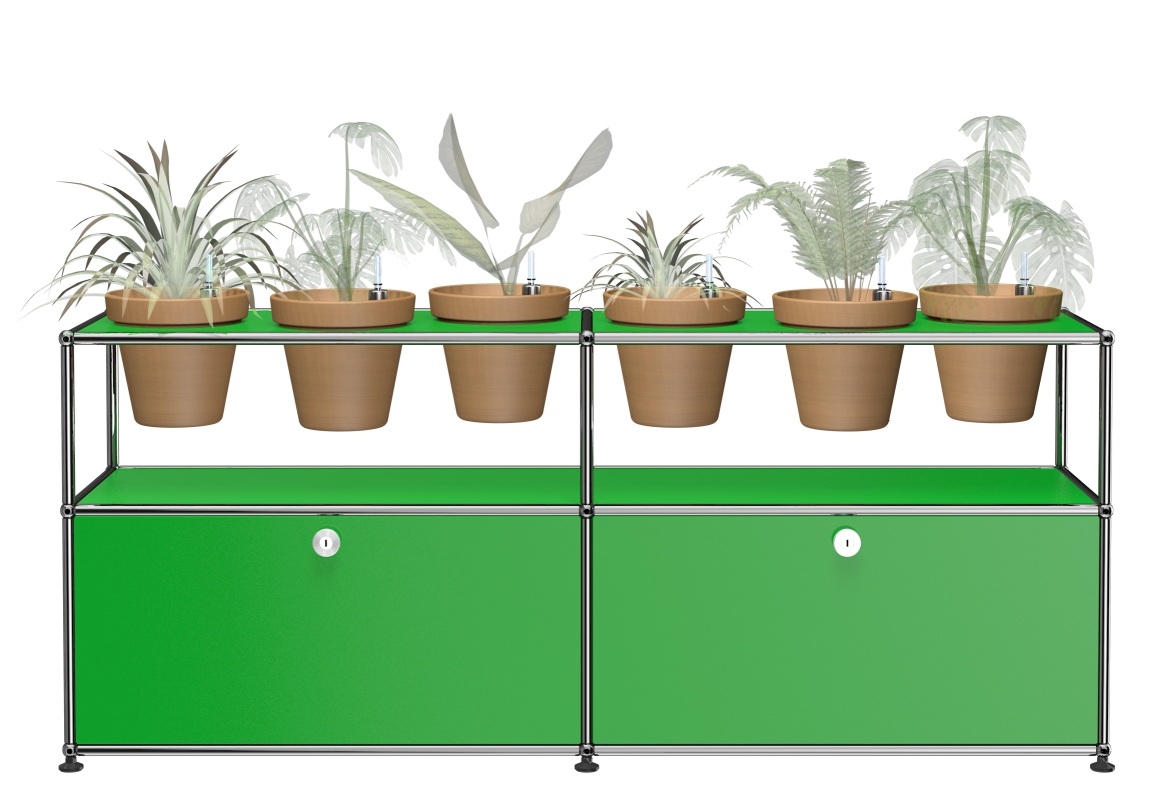Grünes USM Haller Sideboard mit Pflanzen in Töpfen, modernes Designmöbel für Wohnraum und Büro.