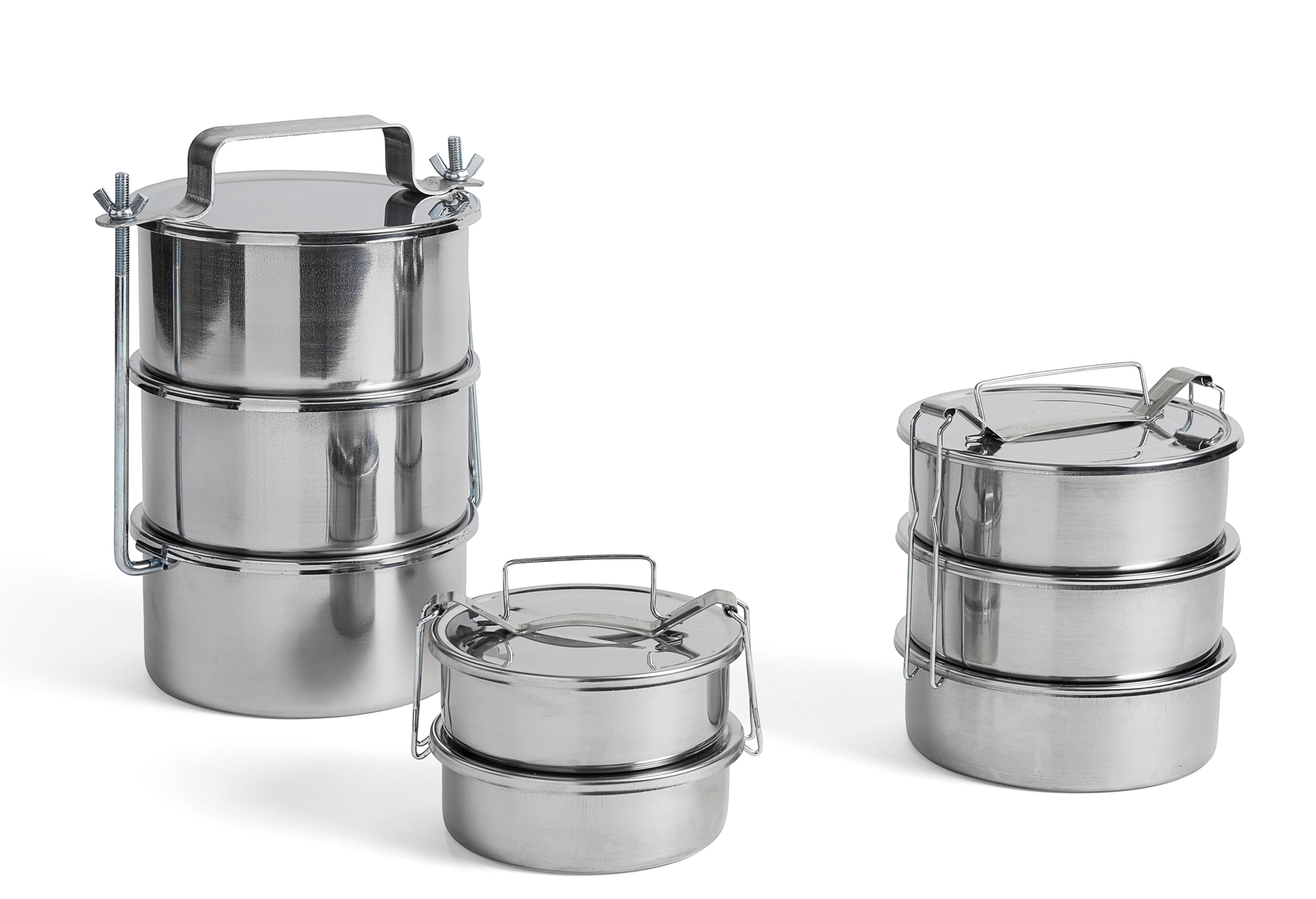 Drei runde Steel Lunch Box Brotdosen aus Edelstahl in verschiedenen Größen.
