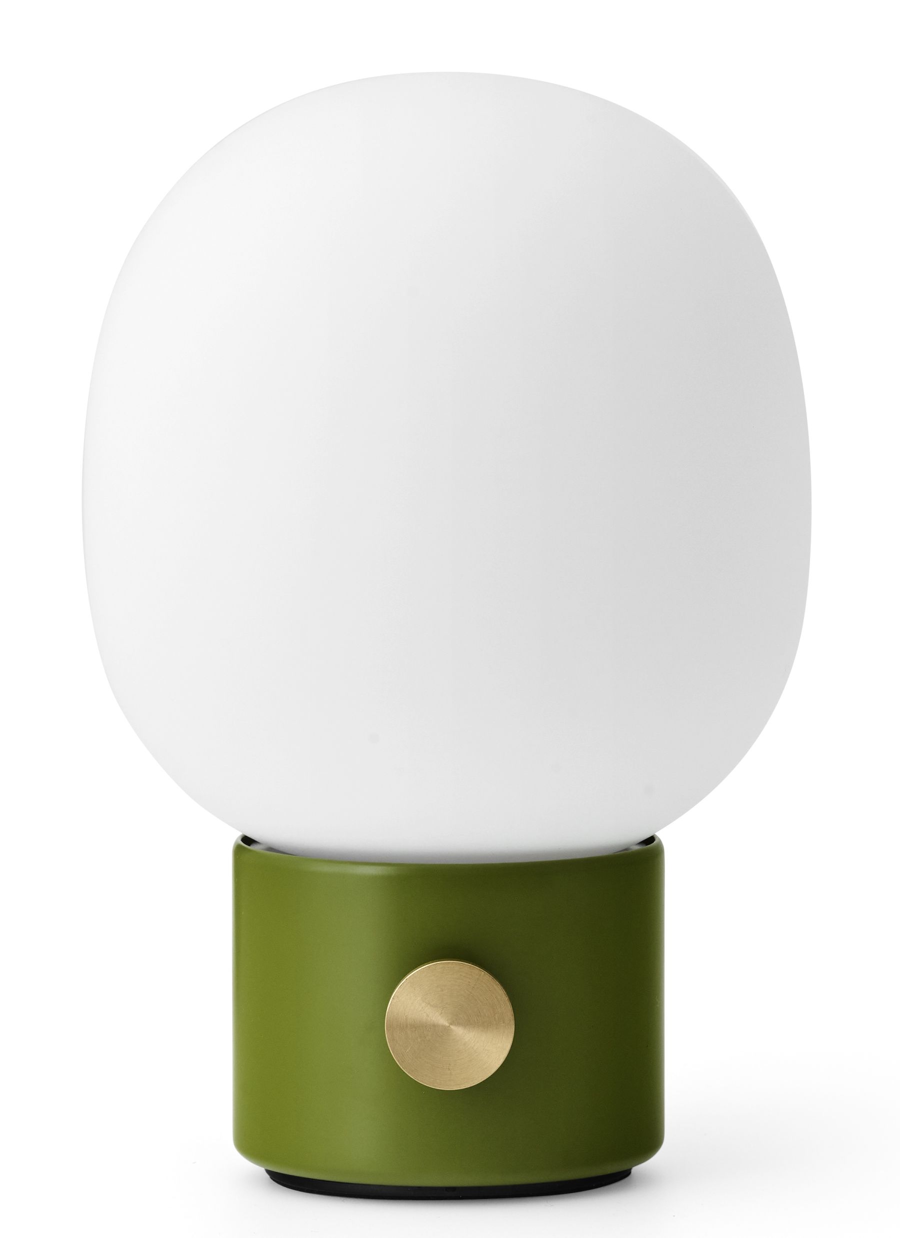 JWDA Tischleuchte in Staubgrün: Tragbare Lampe mit weißem Opalglas und Messingdimmer.