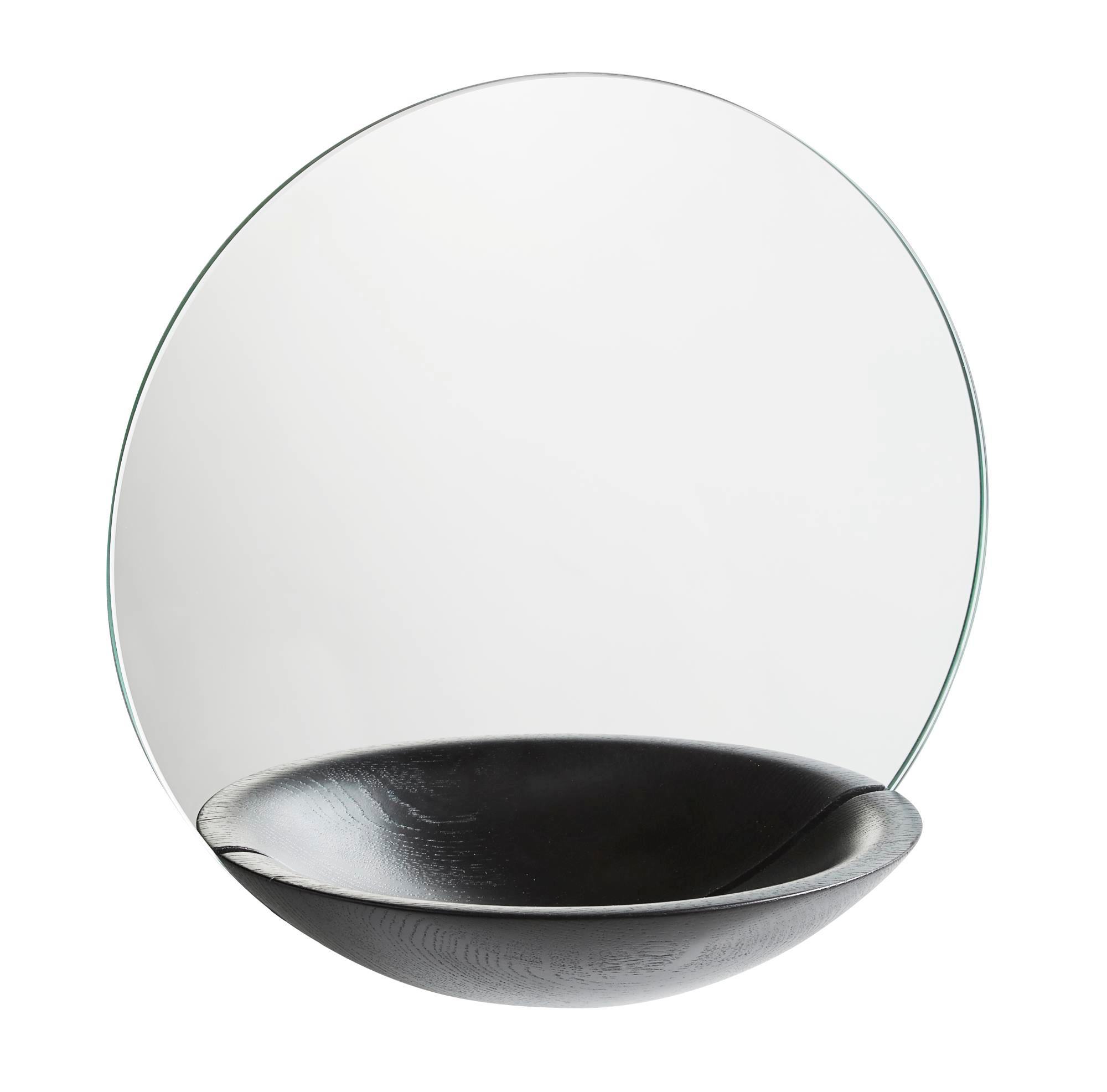 Pocket Mirror Wandspiegel: Runder Spiegel mit schwarzer Holzschale, modernes Design für Badezimmer und Flur.