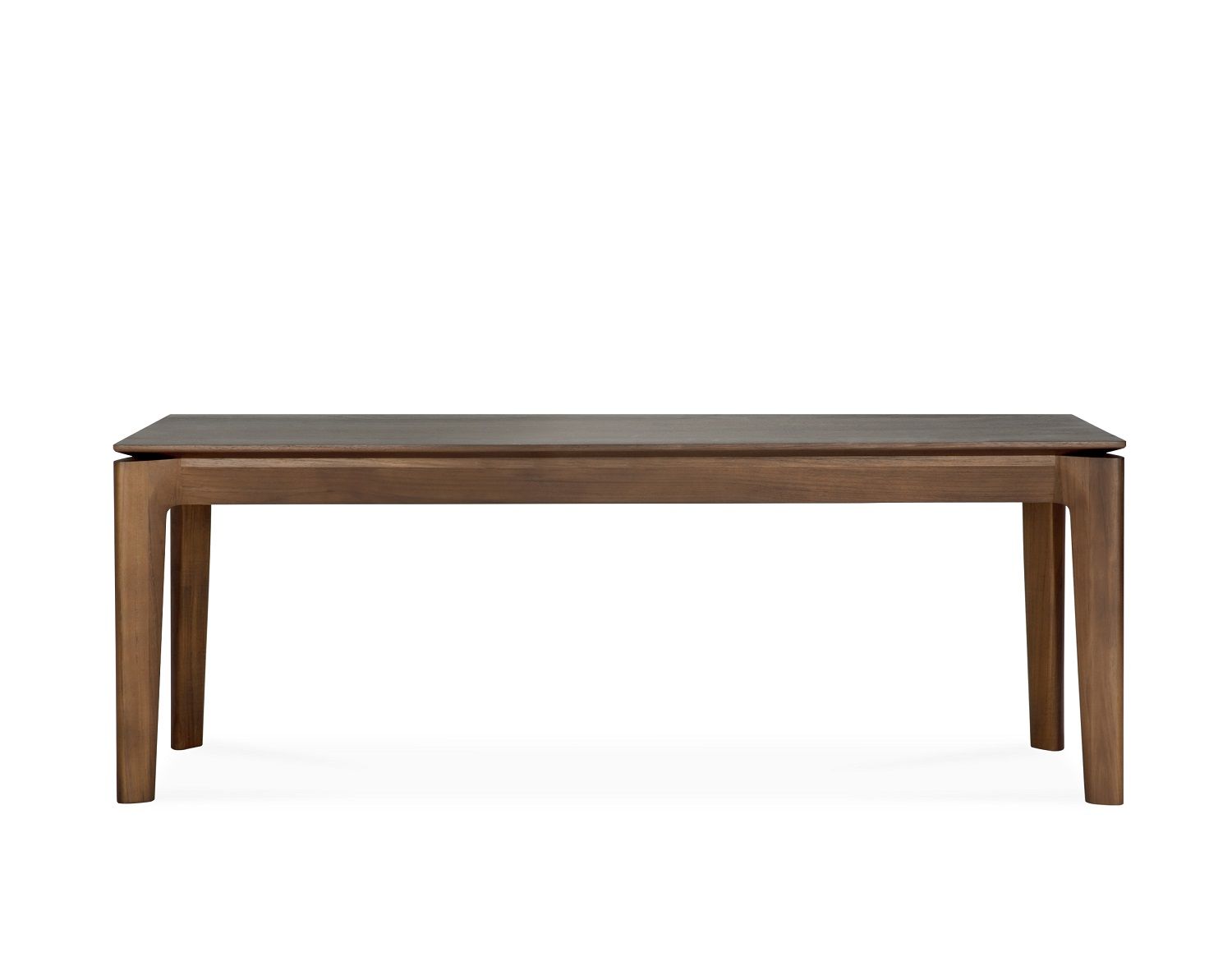 Ethnicraft Bok Bank, dunkelbrauner Teakholztisch für Esszimmer oder Wohnbereich.