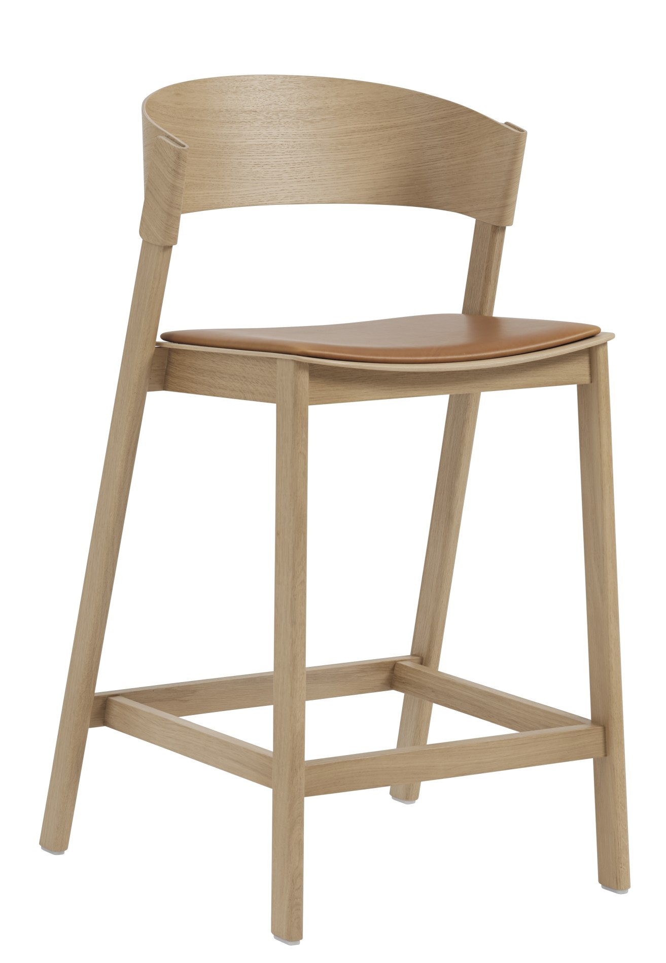 Muuto Cover Counterstool Thekenhocker aus Eichenholz mit braunem Ledersitz, Hocker für Küche oder Bar.