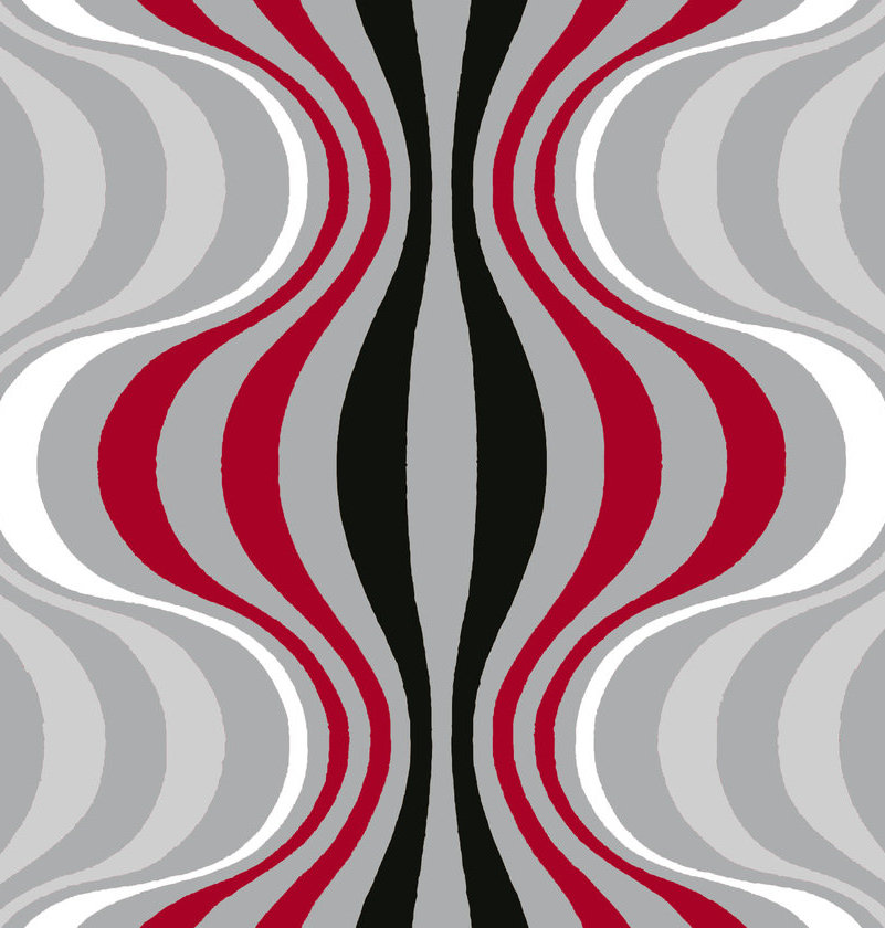 Verner Panton VP Onion 4 Tapete mit abstraktem, wellenförmigem Muster in Rot, Schwarz, Weiß und Grau.