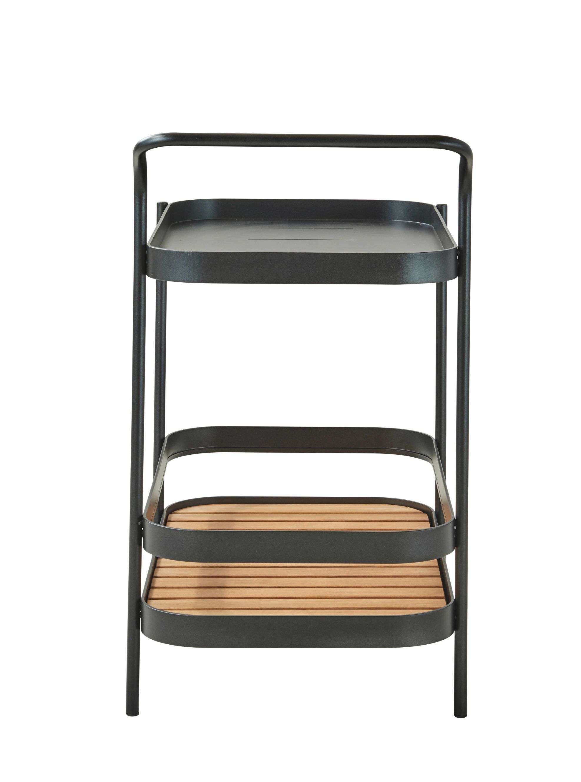 Roll Barwagen Lavagrau mit zwei Ablagen, Metallgestell und Holzdetails. Servierwagen für Garten und Terrasse.