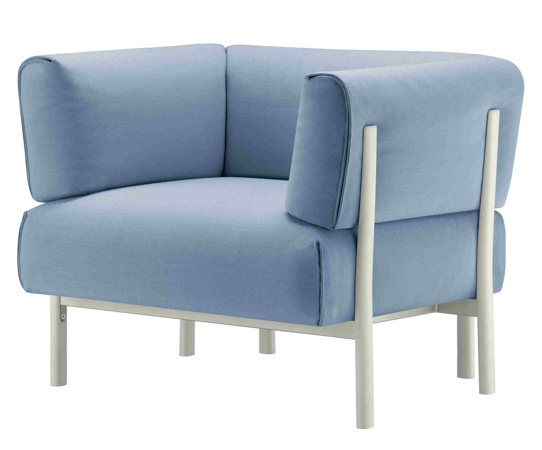 Blauer Eleven Sessel mit Stoffbezug und hellem Metallgestell, moderner Design Sessel für Wohnzimmer.