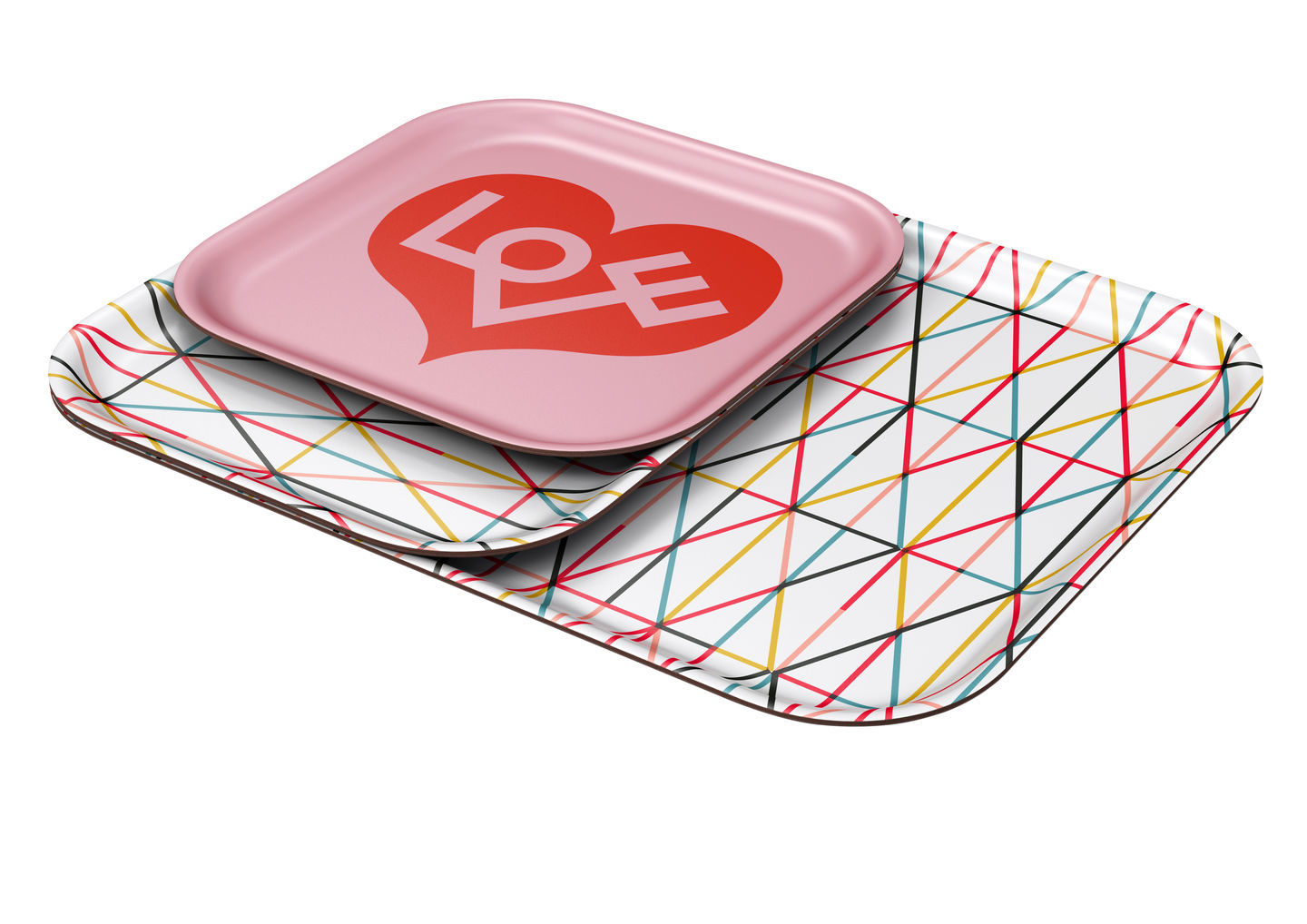 Vitra Tablett Classic Tray Large: Zwei Tabletts, eines rosa mit Herz, eines geometrisch.