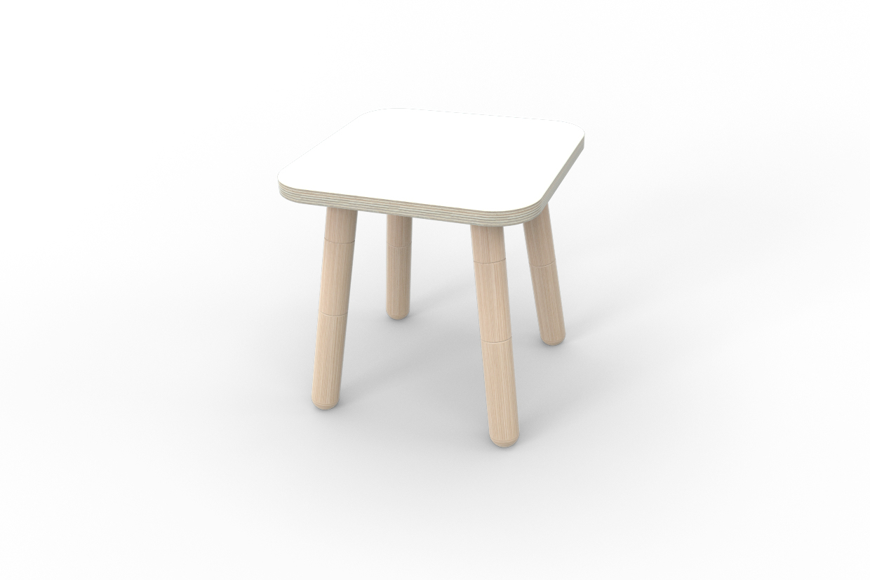 Growing Table Hocker weiß mit hellem Holzgestell, ein moderner Kinderhocker für das Kinderzimmer.