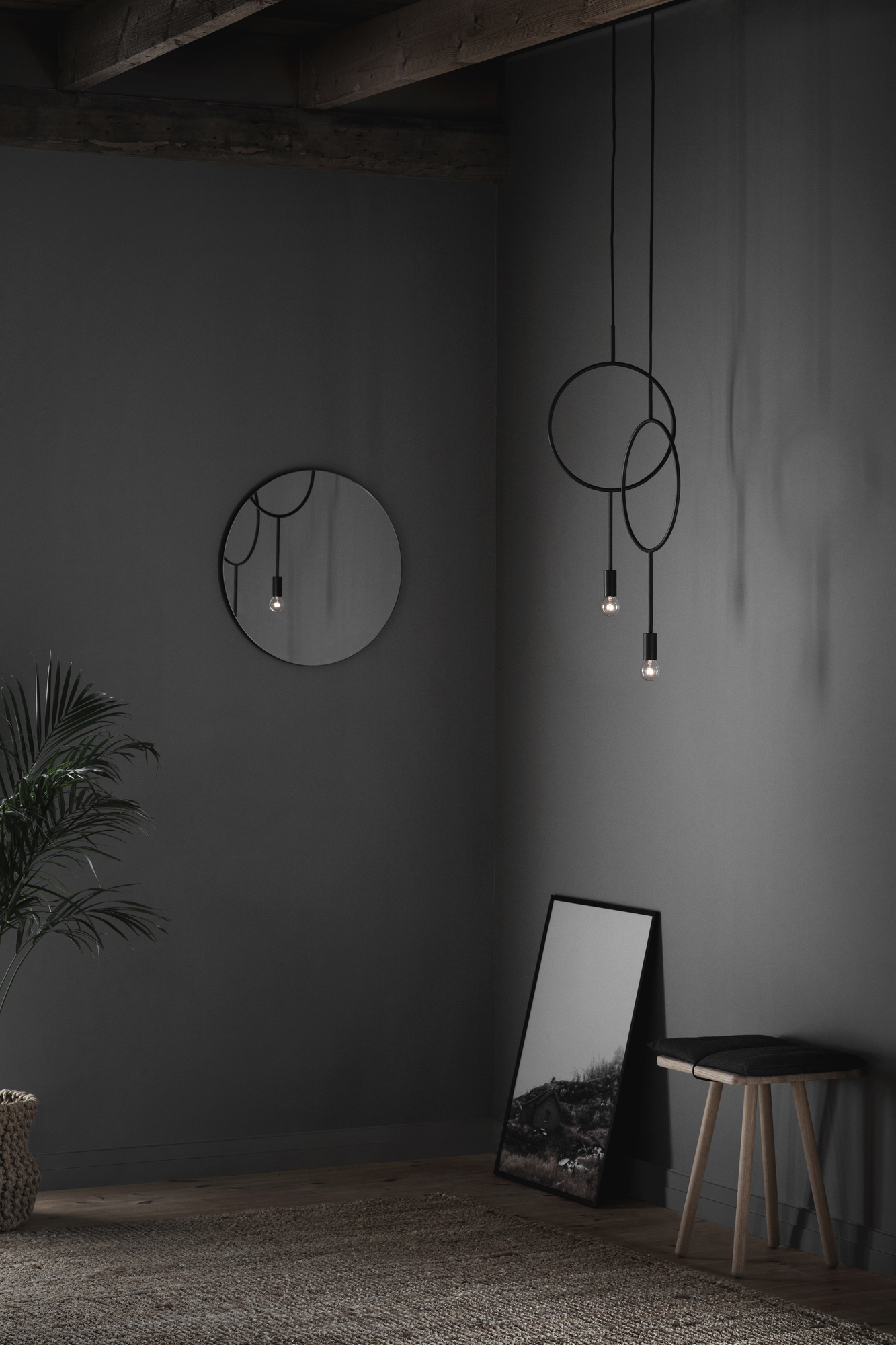 Circle Pendelleuchte: Moderne Hängelampe mit kreisförmigem Design in dunklem Raum, minimalistische Beleuchtung.