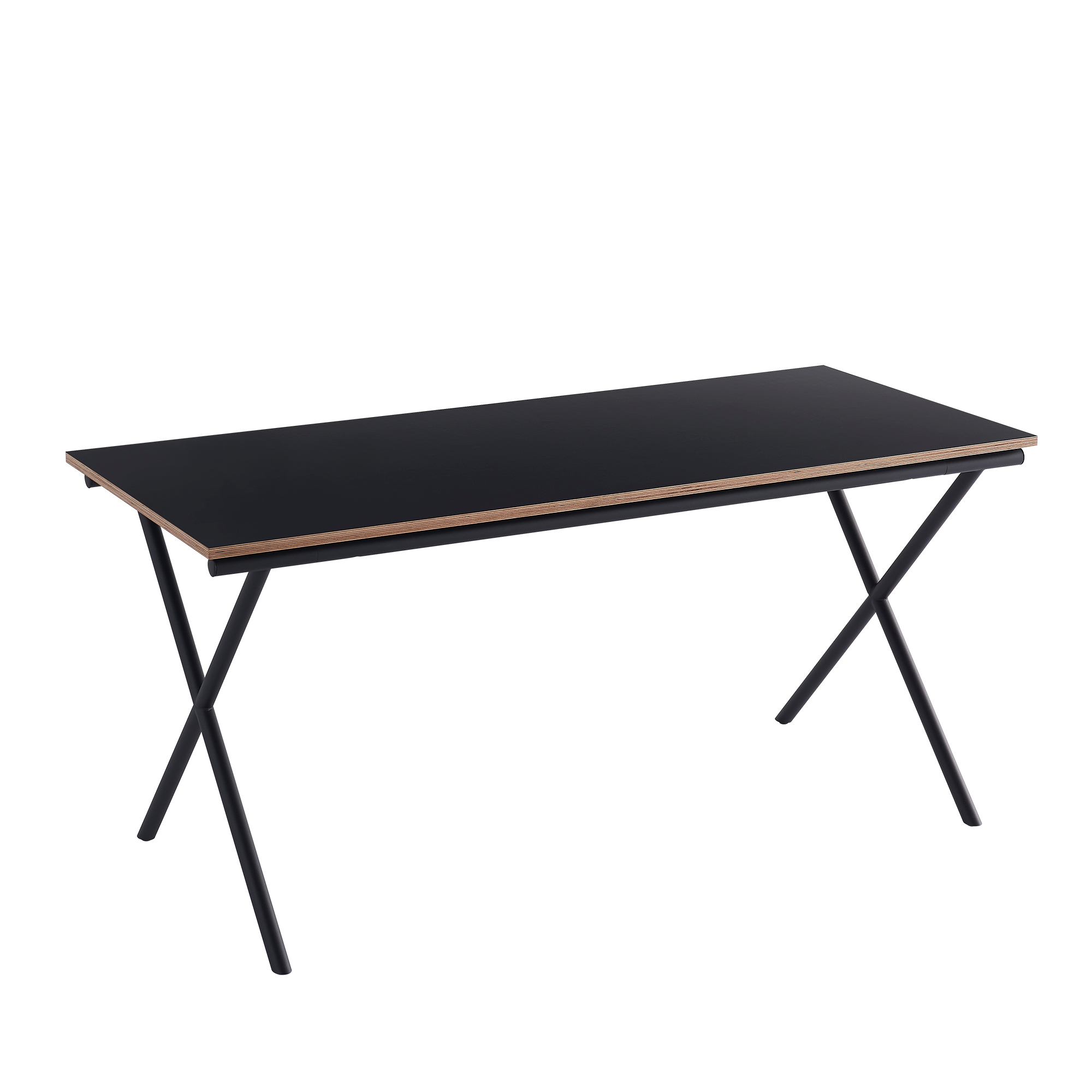 Ito Tisch: Schwarzer Esstisch oder Arbeitstisch mit X-förmigem, schwarzem Metallgestell. Modernes Design.