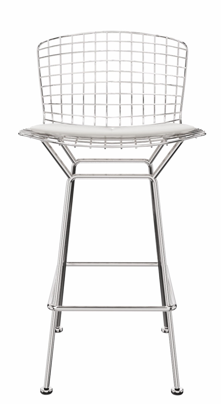 Bertoia Barhocker von Knoll International mit verchromtem Drahtgestell und weißem Sitzpolster. Moderner Design Barstuhl.
