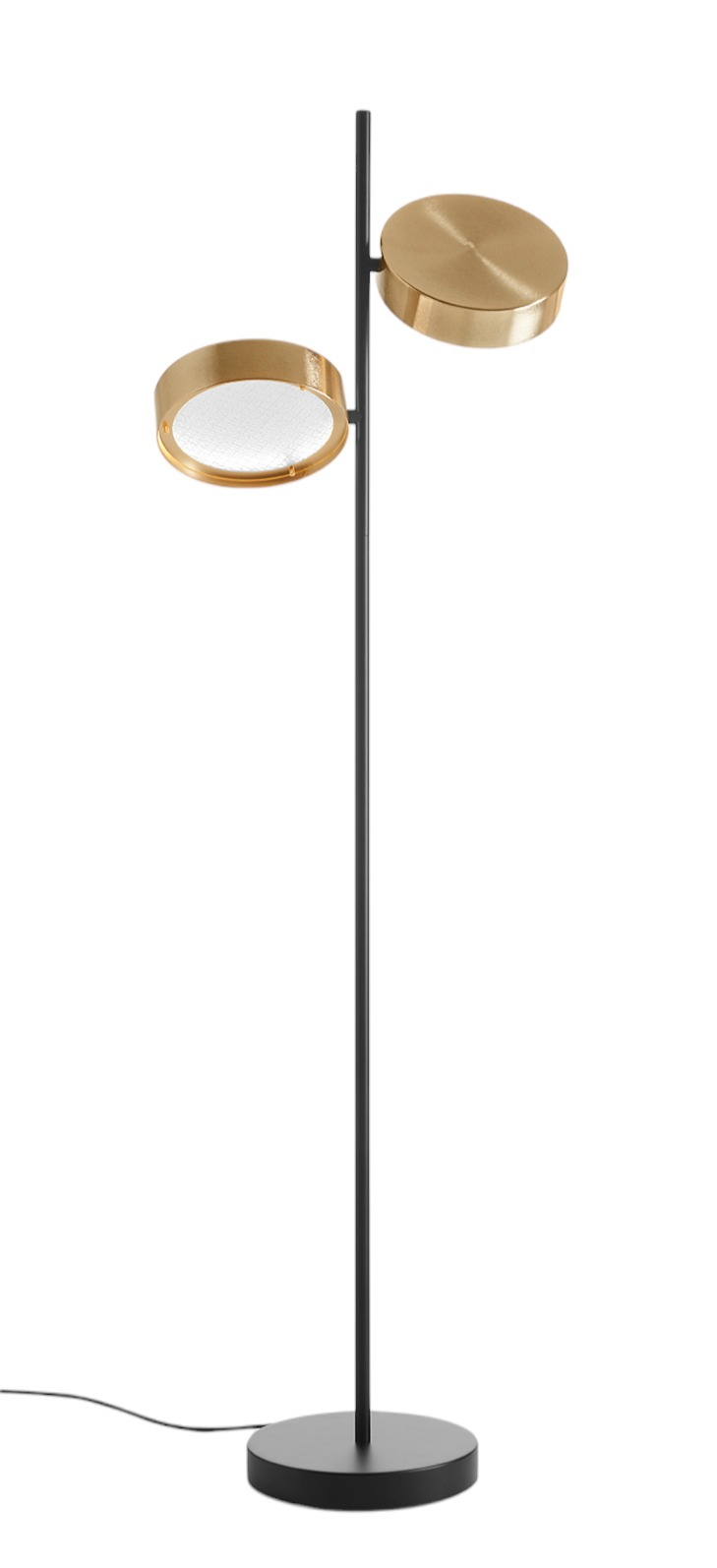 Berlin Stehleuchte von Oluce: Moderne Stehlampe mit zwei goldenen, runden Leuchten.