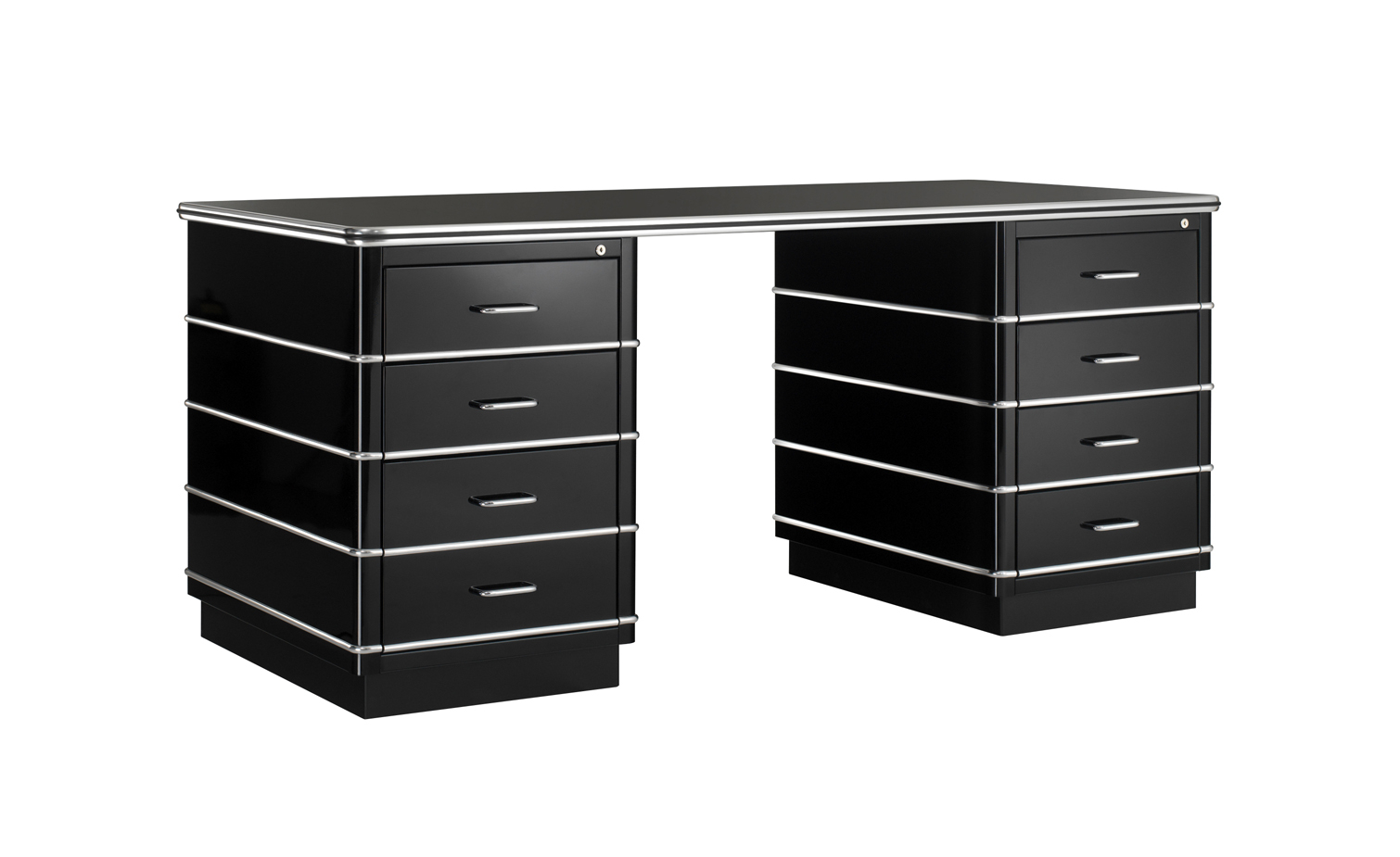 TB229 Classic Line Schreibtisch von Müller Möbelfabrikation in Schwarz mit Chrom-Details, Büromöbel mit Schubladen.