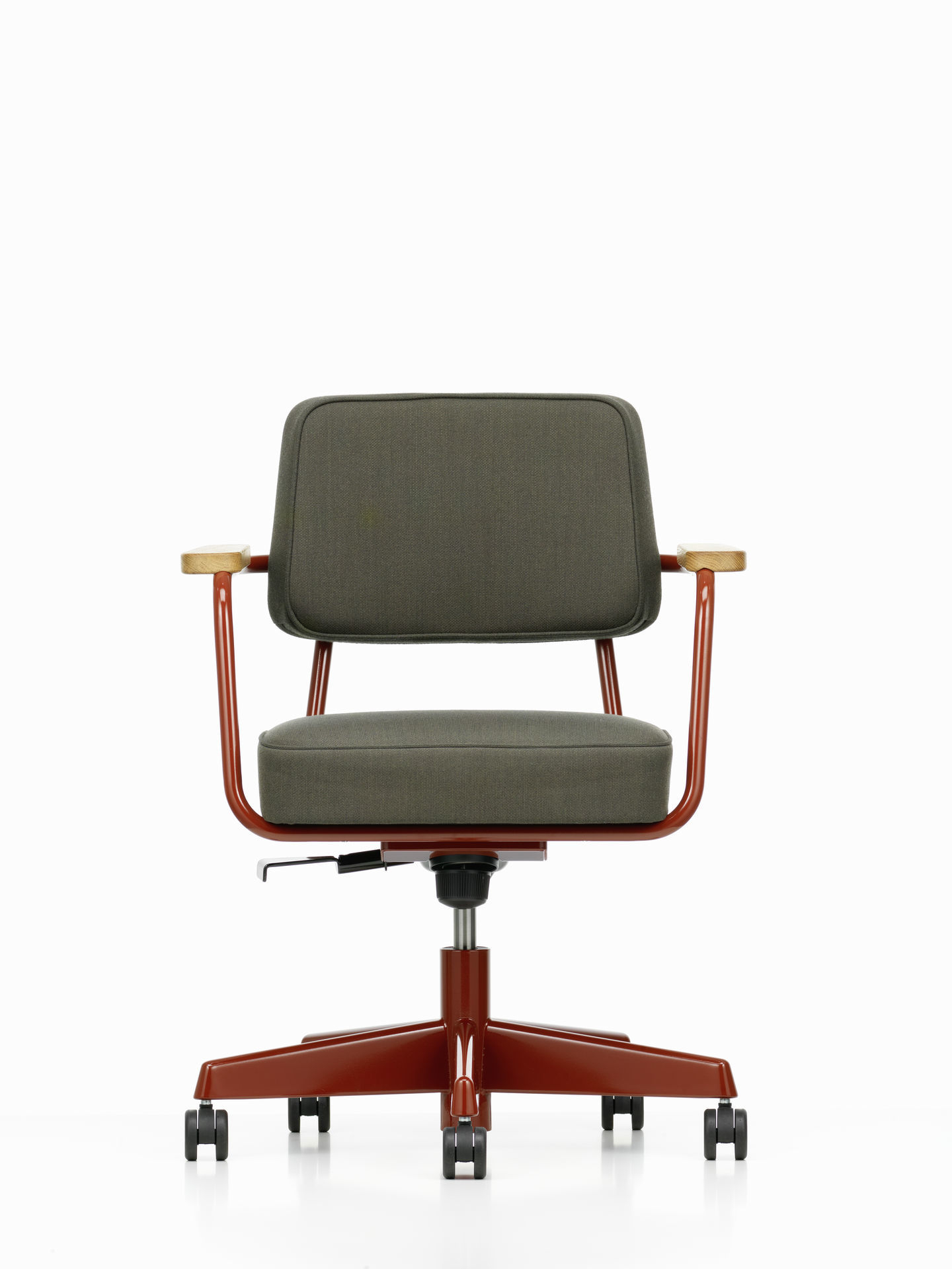 Fauteuil Direction Pivotant Bürodrehstuhl von Vitra: Frontansicht des ergonomischen Drehstuhls mit braunem Gestell und grauer Polsterung.
